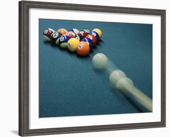 Cue Ball Rolling Towards Racked Billiard Balls-null-Framed Photographic Print