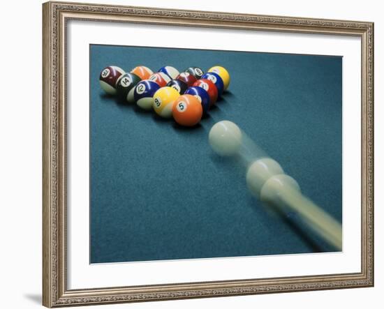 Cue Ball Rolling Towards Racked Billiard Balls-null-Framed Photographic Print