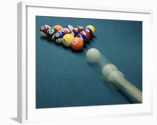 Cue Ball Rolling Towards Racked Billiard Balls-null-Framed Photographic Print