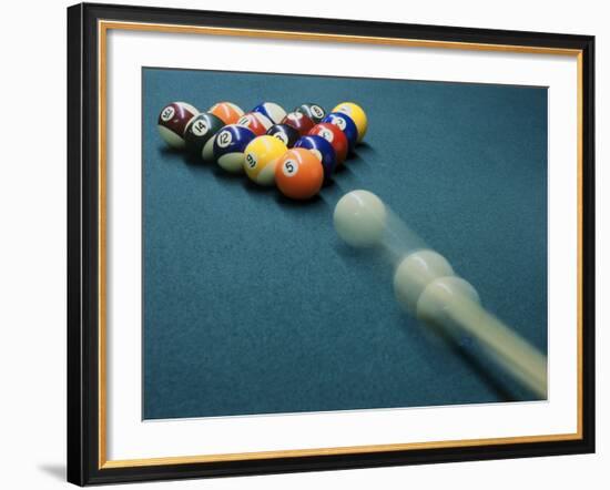 Cue Ball Rolling Towards Racked Billiard Balls-null-Framed Photographic Print