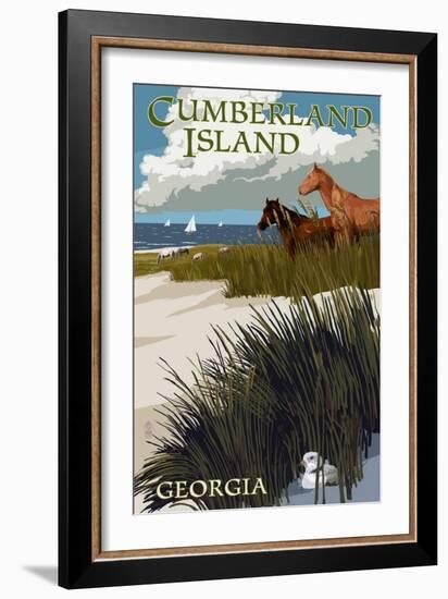 Cumberland Island, Georgia - Horses and Dunes with Boats-Lantern Press-Framed Art Print