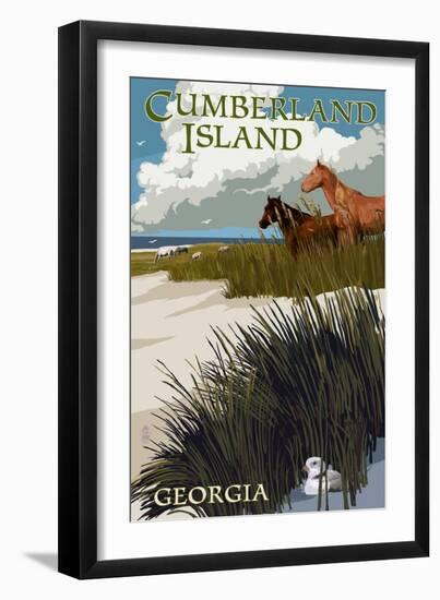 Cumberland Island, Georgia - Horses and Dunes-Lantern Press-Framed Art Print