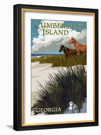 Cumberland Island, Georgia - Horses and Dunes-Lantern Press-Framed Art Print