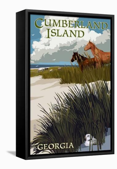 Cumberland Island, Georgia - Horses and Dunes-Lantern Press-Framed Stretched Canvas