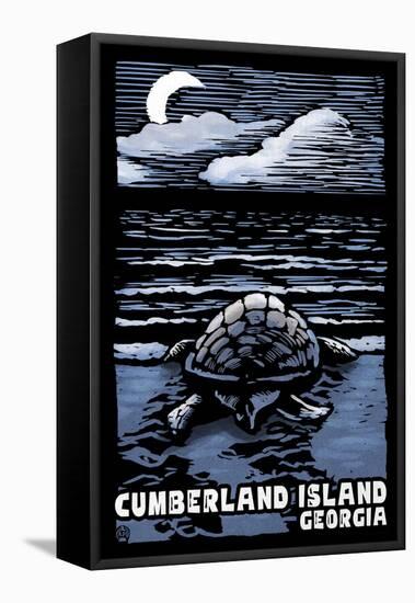 Cumberland Island, Georgia - Sea Turtle on Beach - Scratchboard-Lantern Press-Framed Stretched Canvas