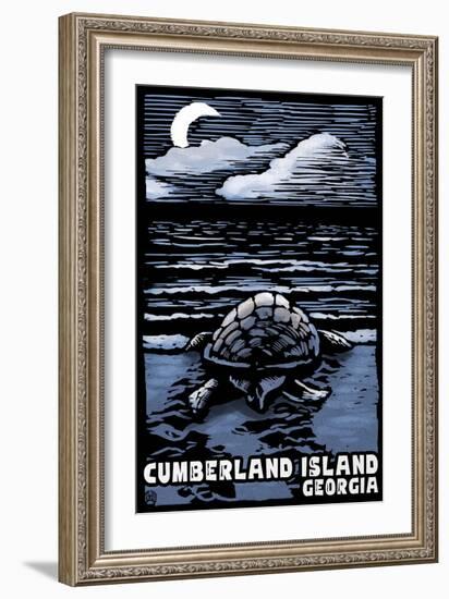 Cumberland Island, Georgia - Sea Turtle on Beach - Scratchboard-Lantern Press-Framed Art Print