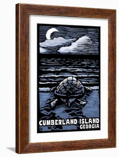 Cumberland Island, Georgia - Sea Turtle on Beach - Scratchboard-Lantern Press-Framed Art Print