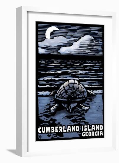 Cumberland Island, Georgia - Sea Turtle on Beach - Scratchboard-Lantern Press-Framed Art Print