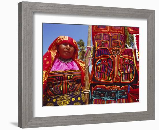 Cuna Indian Woman Displays Her Molas, San Blas Islands, Panama, Central America-Ken Gillham-Framed Photographic Print