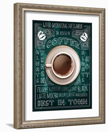 Cup of Coffee on Blackboard Menu-Marvid-Framed Art Print