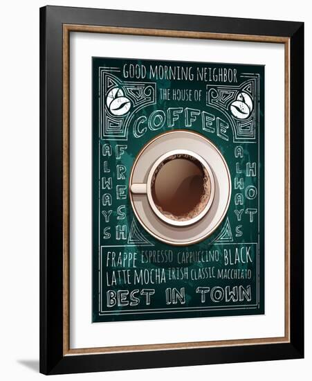 Cup of Coffee on Blackboard Menu-Marvid-Framed Art Print