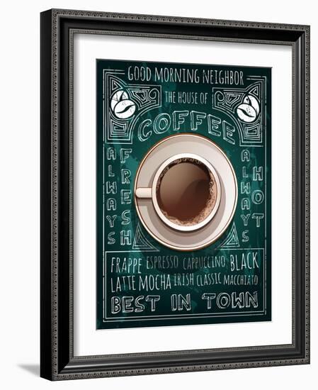 Cup of Coffee on Blackboard Menu-Marvid-Framed Art Print