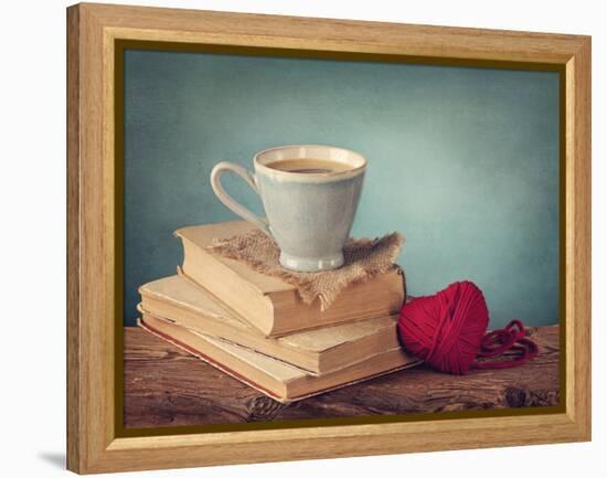 Cup of Coffee Standing on Old Books and Wool Heart-egal-Framed Premier Image Canvas