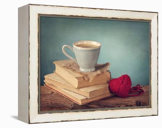 Cup of Coffee Standing on Old Books and Wool Heart-egal-Framed Premier Image Canvas