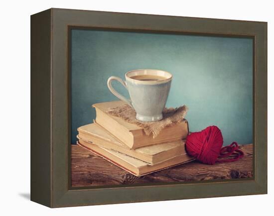Cup of Coffee Standing on Old Books and Wool Heart-egal-Framed Premier Image Canvas