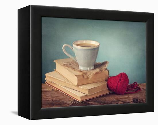 Cup of Coffee Standing on Old Books and Wool Heart-egal-Framed Premier Image Canvas