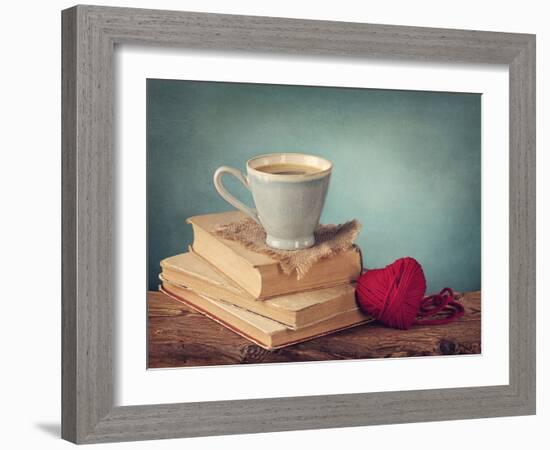 Cup of Coffee Standing on Old Books and Wool Heart-egal-Framed Photographic Print