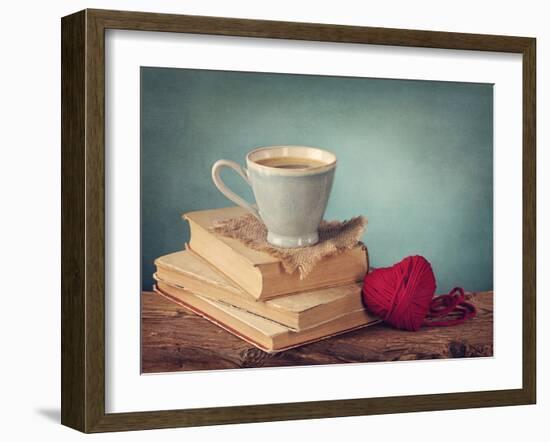 Cup of Coffee Standing on Old Books and Wool Heart-egal-Framed Photographic Print