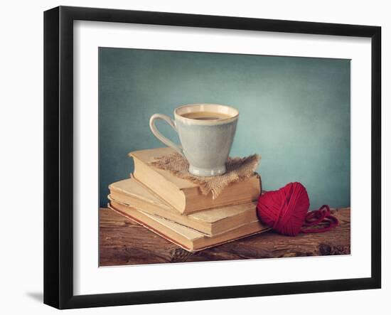 Cup of Coffee Standing on Old Books and Wool Heart-egal-Framed Photographic Print