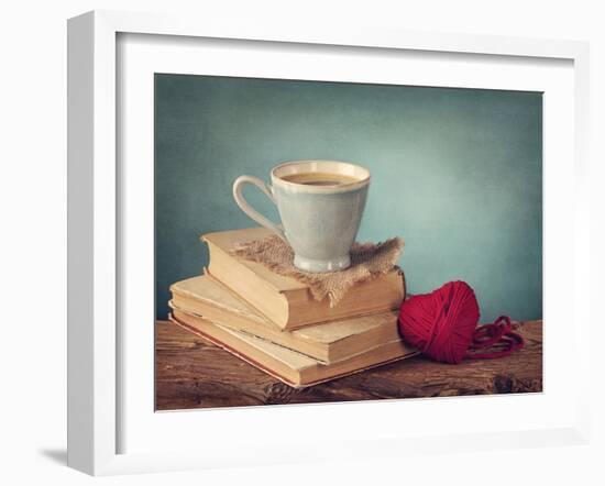 Cup of Coffee Standing on Old Books and Wool Heart-egal-Framed Photographic Print