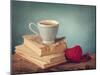 Cup of Coffee Standing on Old Books and Wool Heart-egal-Mounted Photographic Print