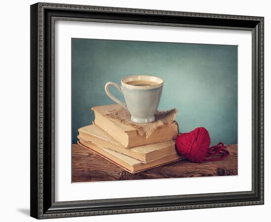 Cup of Coffee Standing on Old Books and Wool Heart-egal-Framed Photographic Print