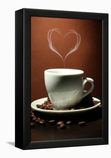 Cup Of Coffee With Smoke In Shape Of Heart On Brown Background-Yastremska-Framed Stretched Canvas