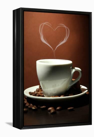 Cup Of Coffee With Smoke In Shape Of Heart On Brown Background-Yastremska-Framed Stretched Canvas