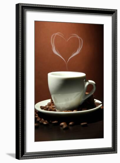 Cup Of Coffee With Smoke In Shape Of Heart On Brown Background-Yastremska-Framed Art Print