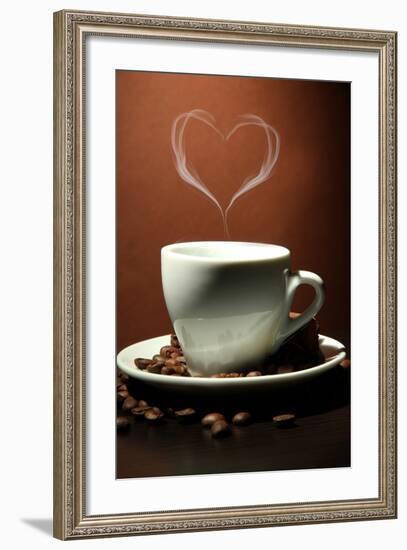 Cup Of Coffee With Smoke In Shape Of Heart On Brown Background-Yastremska-Framed Art Print