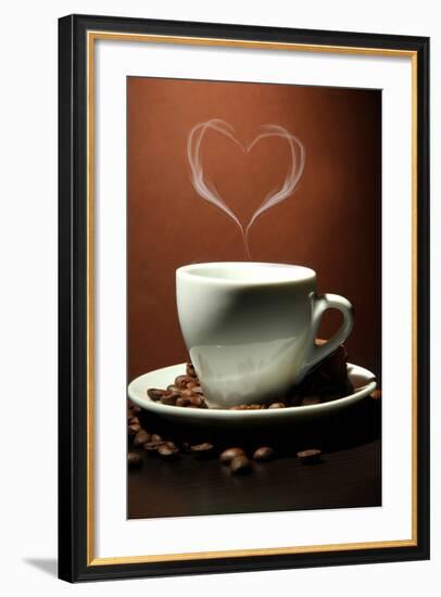 Cup Of Coffee With Smoke In Shape Of Heart On Brown Background-Yastremska-Framed Art Print