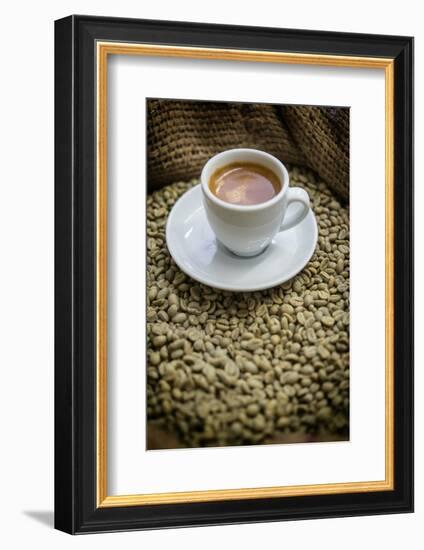 Cup of Espresso on a Sack with Unroasted Coffee Beans-Bernd Wittelsbach-Framed Photographic Print