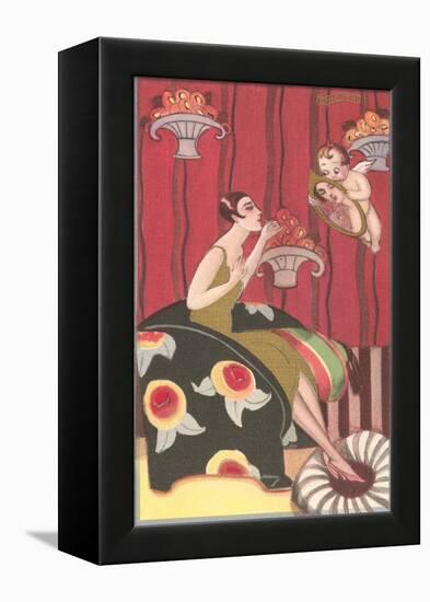 Cupid Holding Mirror for Flapper-null-Framed Stretched Canvas