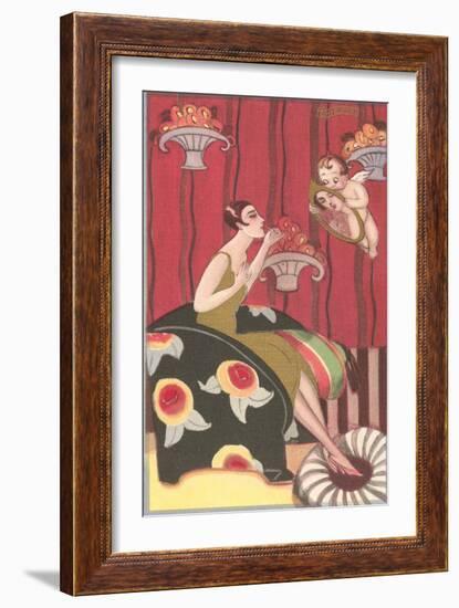 Cupid Holding Mirror for Flapper-null-Framed Art Print