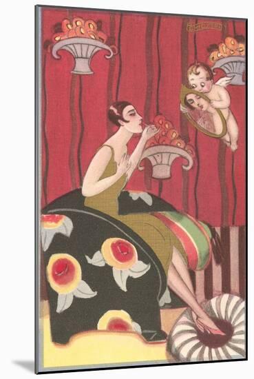 Cupid Holding Mirror for Flapper-null-Mounted Art Print