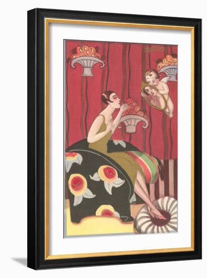 Cupid Holding Mirror for Flapper-null-Framed Art Print