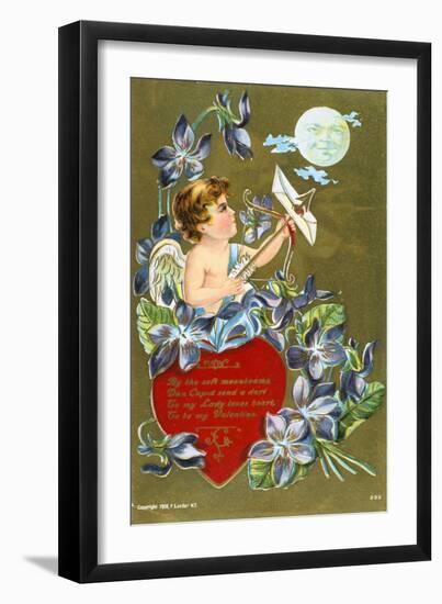 Cupid Shooting an Arrow Carrying a Love Letter, American Valentine Card, 1908-null-Framed Giclee Print