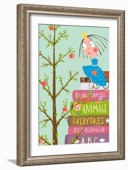Curious Little Girl with Many Books and Apple Tree. Colorful A4 Children Greeting Card Illustration-Popmarleo-Framed Art Print