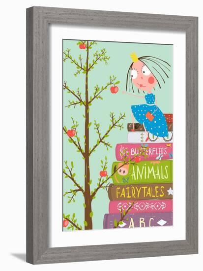 Curious Little Girl with Many Books and Apple Tree. Colorful A4 Children Greeting Card Illustration-Popmarleo-Framed Art Print