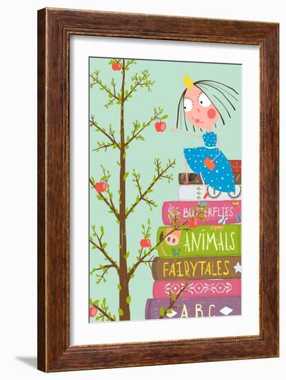 Curious Little Girl with Many Books and Apple Tree. Colorful A4 Children Greeting Card Illustration-Popmarleo-Framed Art Print