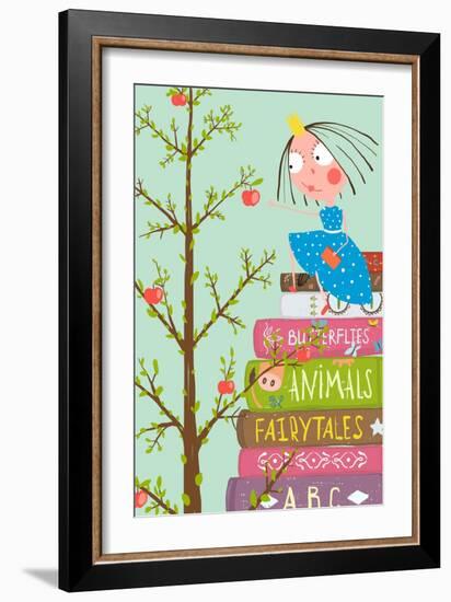 Curious Little Girl with Many Books and Apple Tree. Colorful A4 Children Greeting Card Illustration-Popmarleo-Framed Art Print