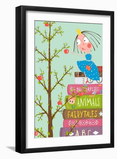 Curious Little Girl with Many Books and Apple Tree. Colorful A4 Children Greeting Card Illustration-Popmarleo-Framed Art Print