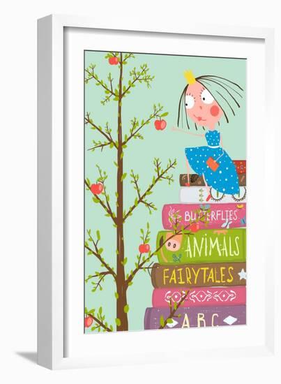 Curious Little Girl with Many Books and Apple Tree. Colorful A4 Children Greeting Card Illustration-Popmarleo-Framed Art Print