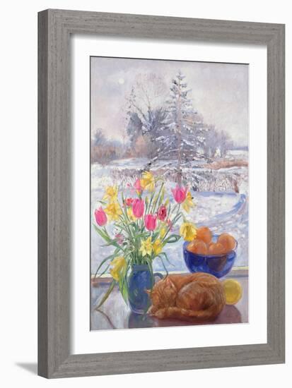 Curled Cat with Flowers-Timothy Easton-Framed Giclee Print