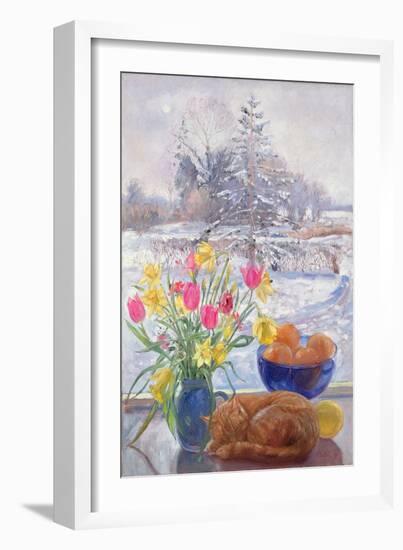 Curled Cat with Flowers-Timothy Easton-Framed Giclee Print