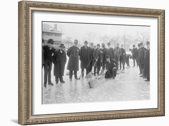 Curling in Central Park with Men Having Brooms at the Ready over the Ice.-null-Framed Art Print