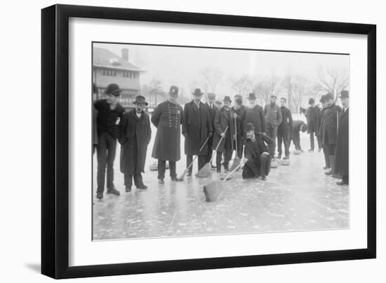 Curling in Central Park with Men Having Brooms at the Ready over the Ice.-null-Framed Art Print