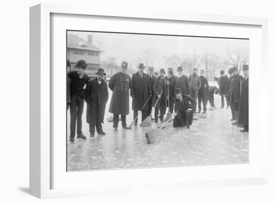 Curling in Central Park with Men Having Brooms at the Ready over the Ice.-null-Framed Premium Giclee Print