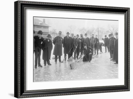 Curling in Central Park with Men Having Brooms at the Ready over the Ice.-null-Framed Premium Giclee Print