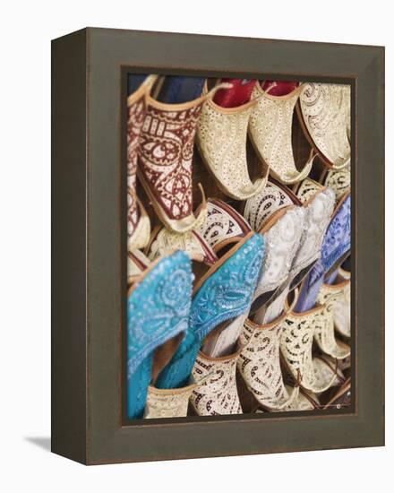 Curly Toed Slippers for Sale in Bur Dubai Souk, Dubai, United Arab Emirates, Middle East-Amanda Hall-Framed Premier Image Canvas